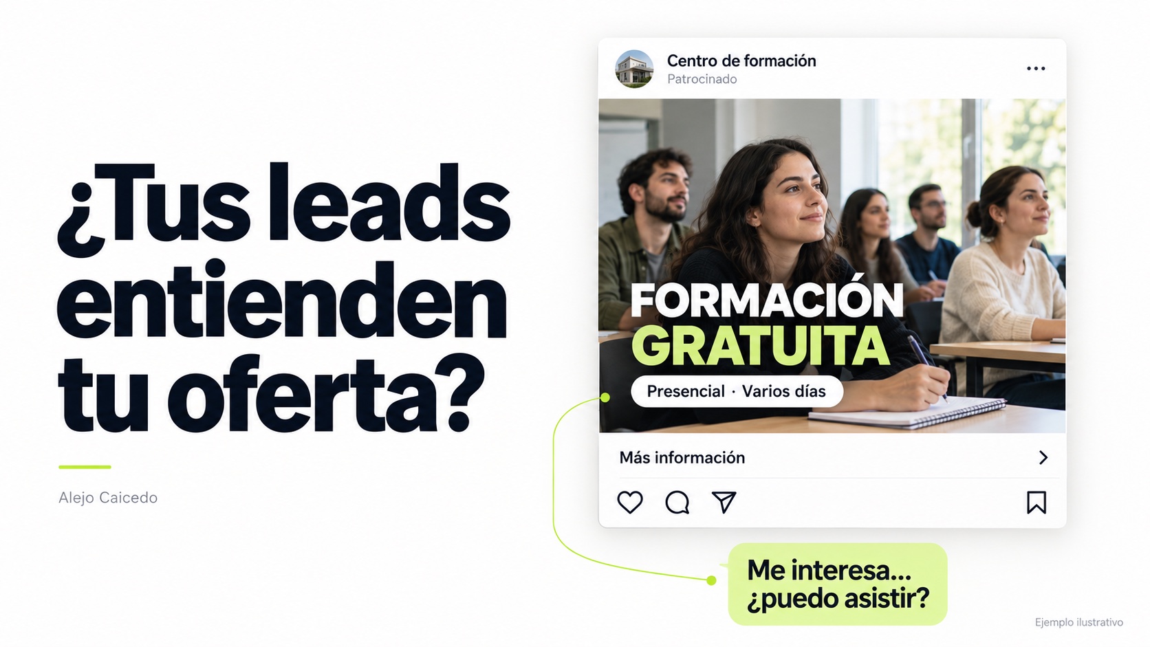 Ilustración de un anuncio de formación gratuita presencial de varios días junto a la pregunta «¿Tus leads entienden tu oferta?».